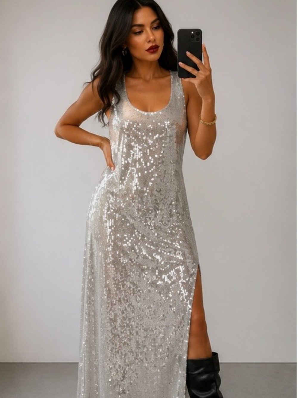 Zara Silver Sequin Sheer Tank Maxi Dress - Picture 3 of 4